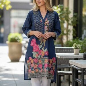 Beechtree Floral Embroidered Navy Tunic Top